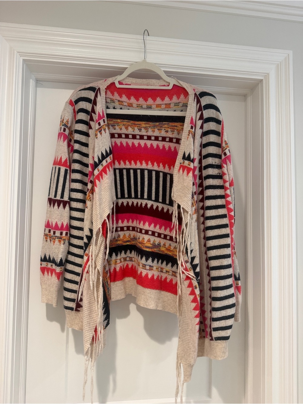 Women’s  Cream, Red, Pink & Black Aztec Fringe Cardigan